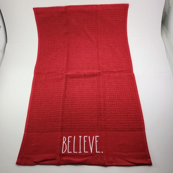 3 Rae Dunn Christmas Red Kitchen Towel Embroidered Peace Joy Believe 100% Cotton - Picture 5 of 9